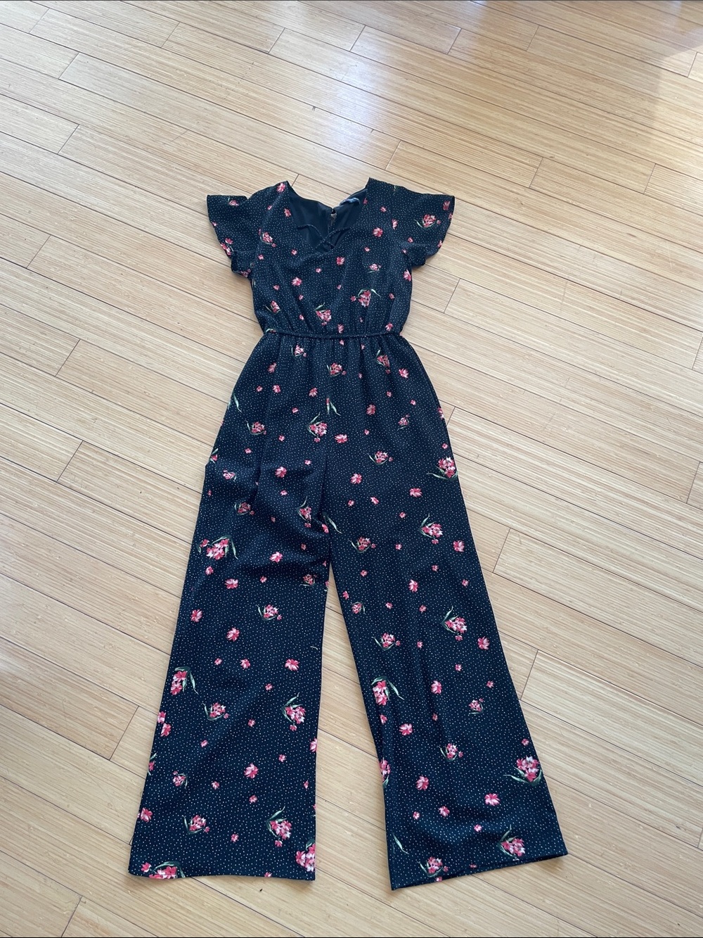 Black Floral Wide-Leg Jumpsuit with Flutter Sleeves